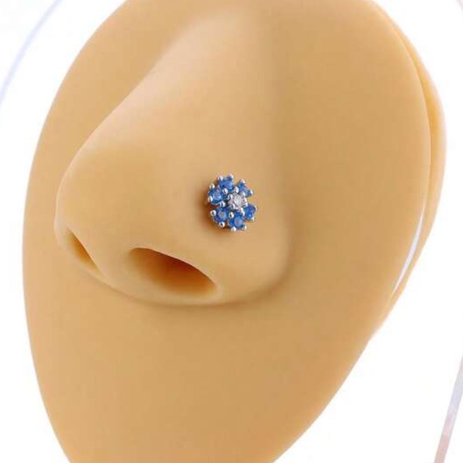 Nose Ring- 20g Blue Nose Stud. Surgical Steel L Shaped, Blue Stones With Cz